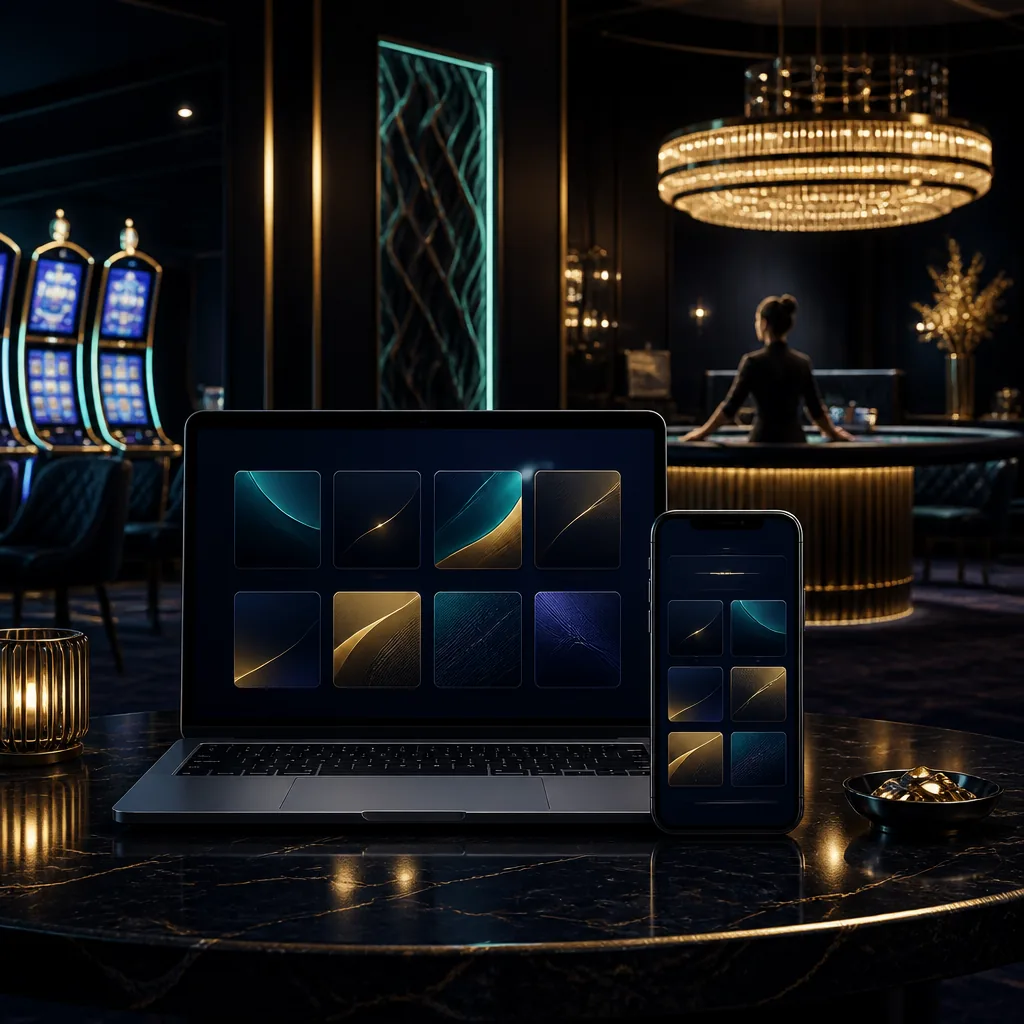 Laptop and smartphone beside abstract casino game lobby tiles