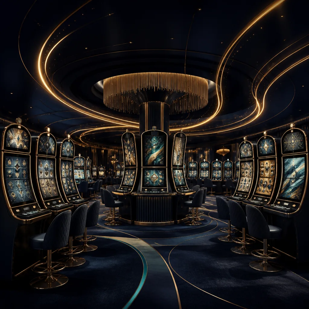 Abstract slot reels and game panels in a navy-gold casino lobby